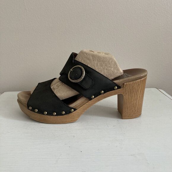 Dansko Black Leather Slide Slip On Sandals Heels Studs Size 41 Buckle Platform - Picture 6 of 11